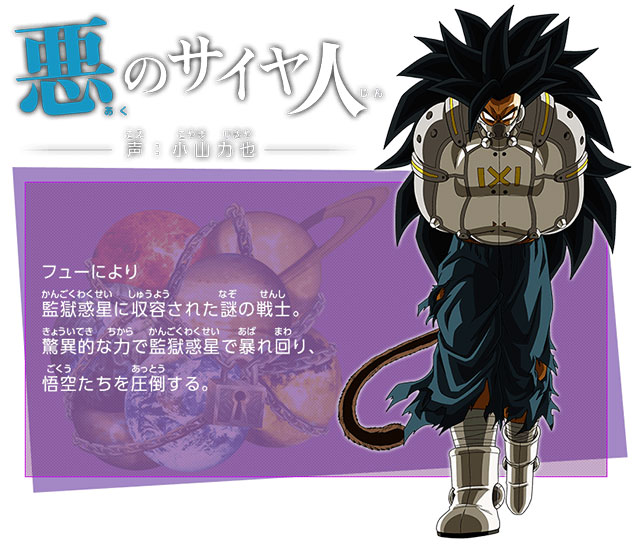 O malvado Saiyajin | Ator de Voz: Rikiya Koyama | Um misterioso guerreiro encarcerado por Fu no Planeta da Prisão. Com o seu poder surpreendente, ele agita o Planeta Prisão e domina Goku e companhia.